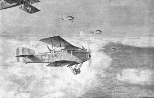 'Combat Aerien; Escadre de bombardement de jour, volant au-dessus de la mer de nuages..., 1918. Creator: Etienne Cournault.