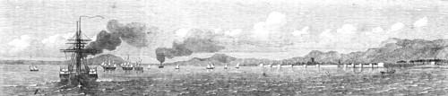 The Persian Expedition - Transports, Bushire, from the "Semiramis", Fort for defence..., 1857. Creator: Unknown.