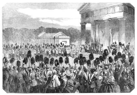 Ceremony of Placing the Guards' Crimean Colours in the Chapel of the Wellington Barracks, 1857. Creator: Unknown.