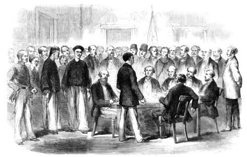 The War in China - Examination at the Police-Office, Victoria, Hong-Kong, of Esing..., 1857. Creator: Marciano Antonio Baptista.