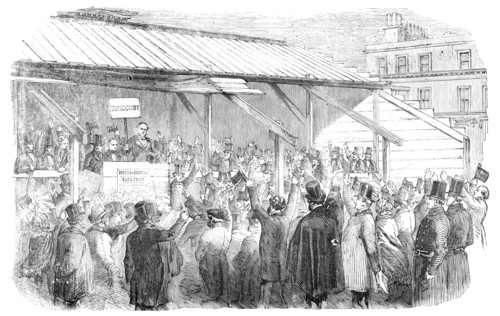 The Finsbury Election: the Hustings on Clerkenwell-Green: the Nominations, 1857. Creator: Unknown.
