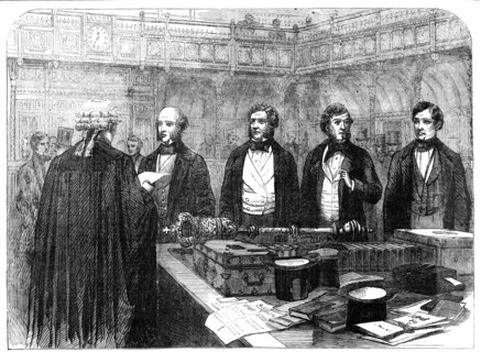 Members of the House of Commons Taking the Oaths, 1857. Creator: Unknown.
