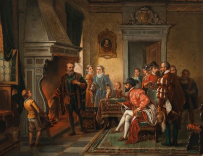 Jakob Fugger Burning His Numerous Promissory Notes before the Eyes of Emperor Charles V, 1868. Creator: Tominz, Augusto (1818-1883).