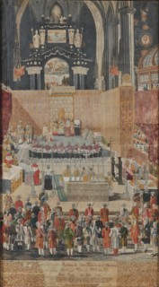 Pope Pius VI celebrates the Easter Holy Mass in St. Stephen's Cathedral in Vienna..., 1782, 1788. Creator: Anonymous.