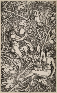 Satyr and Nymph with Birds. Module of a wallpaper, c.1525. Creator: Beham, Hans Sebald (1500-1550).