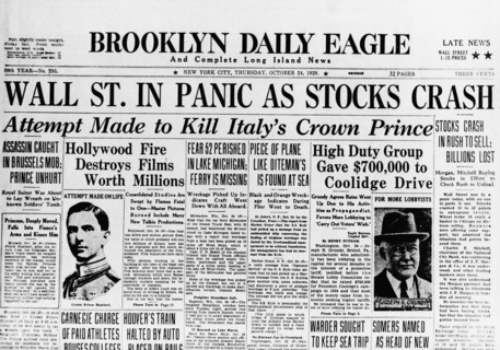 The Brooklyn Daily Eagle Front Page from October 24th, 1929: Stocks Crash - Great Depression, 1929. Creator: Historic Object.