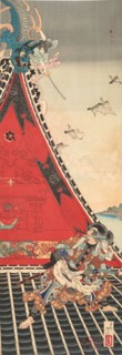 Two Brave Men (Inuzuka Shino und Inukai Gempachi) Fighting on the Roof of Horyukaku. Creator: Yoshitoshi, Tsukioka (1839-1892).