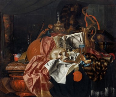 Vanitas still life with musical instruments, ceremonial vessels, books, an extinguished candle... Creator: Gijsbrechts, Franciscus (1649-after 1677).