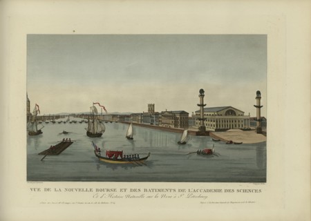 Vue de la nouvelle bourse et des bâtiments de l'académie des siences, et d'histoire..., 1817-1824. Creator: Courvoisier-Voisin, Henri (1757-1830).