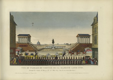 Vue du passage du cortège de Sa Majesté Louis XVIII, devant la statue de Henry IV le 3 mai 1814... Creator: Courvoisier-Voisin, Henri (1757-1830).