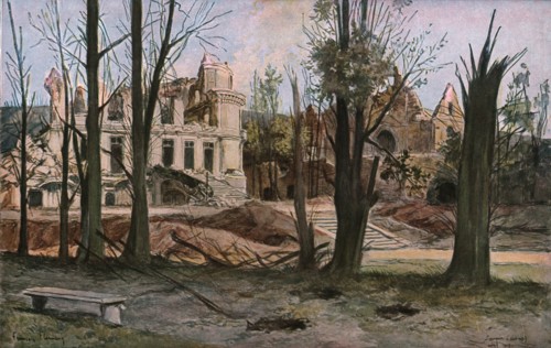 'Les ruines du chateau de Soulir, pres de Vailly, au Sud-Ouest de Craonne' 1917. Creator: Francois Flameng.