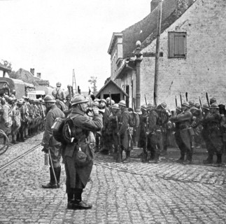 Operations in Flanders; Belgian troops pay honour to the flag of a French regiment..., 1917. Creator: Unknown.