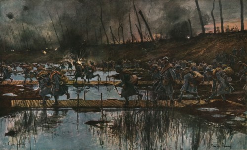 In Flanders; The Yser Offensive (1917); Cossing of the Yser canal by infantry...1917 Creator: Francois Flameng.