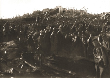 In Recaptured Territory; The evening of October 23, 1917: gathering German prisoners,... 1917. Creator: Unknown.