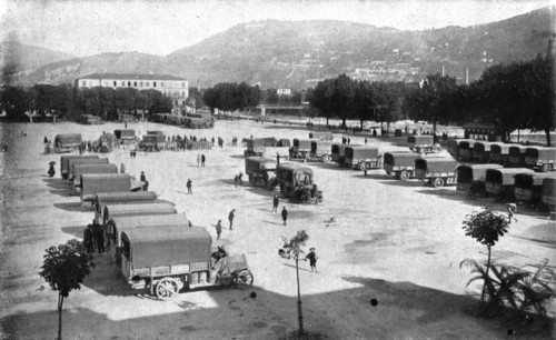 Inter-allied Support; Assembling, on the Place d'Armes in Nice, automobile trucks..., 1917. Creator: Pelanda.