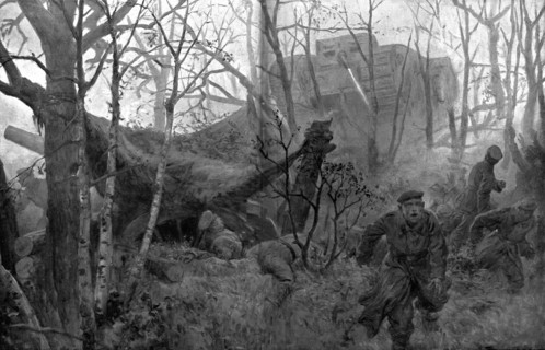 British Offensive in Cambrai; German Gunners Surprised by a Tank, 1917. Creator: J Simont.