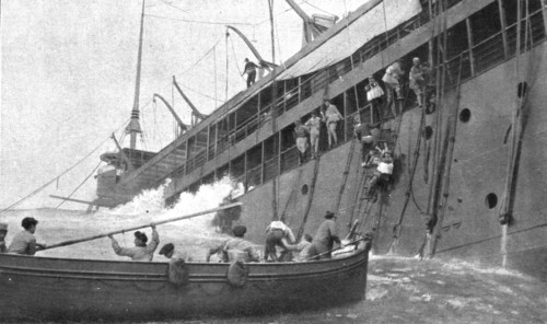 At Sea; After the "Sontay" was torpedoed on April 16, 1917, at noon: the last passenger..., 1917. Creator: Unknown.