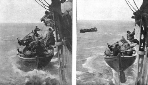 At sea; Shipwreck survivors hoist themselves aboard the lifeboat', 1917. Creator: Unknown.