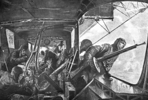 The German Air Fleet; On board a zeppelin: in the rear, under attack by Allied planes..., 1917. Creator: Unknown.