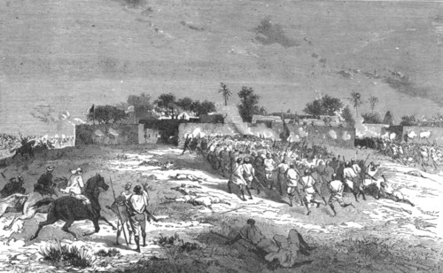 ''Attack on Sansandig by Ahmadou's army; Journey from the Senegal to the Niger', 1875. Creator: Unknown.