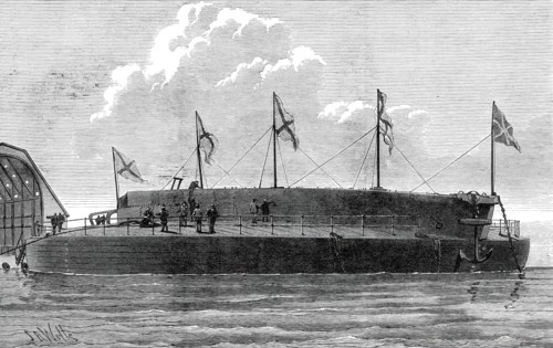 Launch of the Russian circular ironclad Admiral Popoff, 1876. Creator: Josiah Robert Wells.