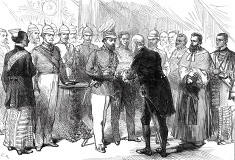 Mr. Layard presenting to the Prince of Wales the address of the Municipal Council..., 1876. Creator: C. R..