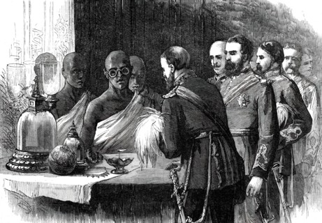 The Prince inspecting the Sacred Tooth, Kandy, from a sketch by one of our special artists, 1876. Creator: Unknown.