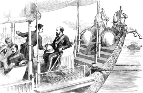 The Prince of Wales on board the State Barge of the Maharajah at Benares...1876. Creator: Unknown.