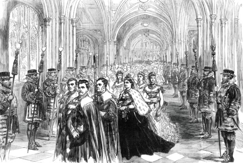 The Queen Opening Parliament: Procession in the Peers' Corridor, 1876. Creator: Unknown.
