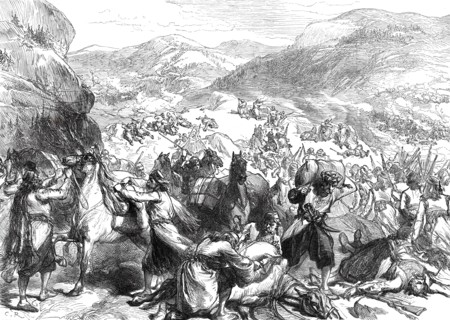 The War in the Herzegovina: insurgents surprising a Turkish convoy...1876. Creator: Unknown.