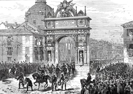 Entry of Alfonso XII. Into Madrid: Triumphal Arch in the Calle de Alcala, 1876. Creator: Unknown.