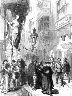 The Prince of Wales at Malta: a Street in Valetta, 1876. Creator: C.R..