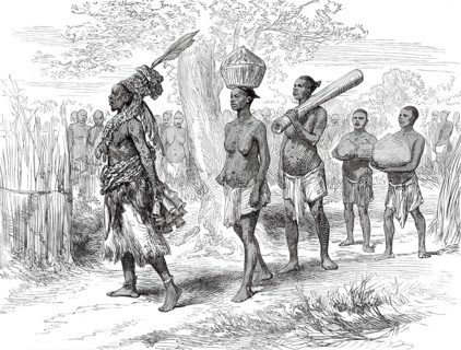 A Mrua Medicine Man and his Train, from a sketch by Lieutenant Cameron in Central Africa, 1876. Creator: Unknown.