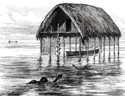 Lieutenant Cameron's Sketches in Central Africa: a lake dwelling on Lake Moheya, 1876. Creator: Unknown.