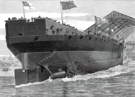 Launch of the Inflexible at Portsmouth Dockyard: stern view of the ship, 1876. Creator: Josiah Robert Wells.