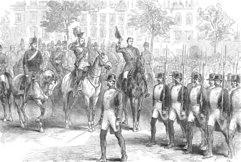 Review at Madrid before the Prince of Wales and the King of Spain: the Guardia Civile...1876. Creator: Unknown.