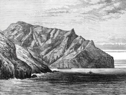 Sketches from H.M.S. Challenger, by Mr. J. J. Wild: the Challenger in Cumberland Bay,...1876. Creator: John Greenaway.