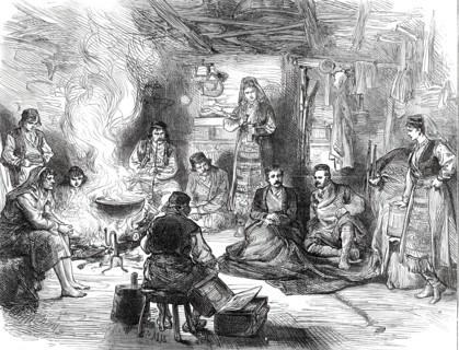A Journey into the Herzegovina: Interior of a Hut at Belovase, 1876. Creator: Unknown.