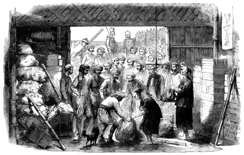 The 70th Bengal Native Infantry drawing rations at the Commissariat Stores, Canton, 1858. Creator: Unknown.