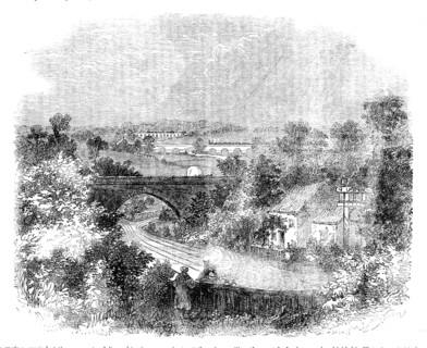 Steam locomotive approaching a bridge, 1858. Creator: Unknown.