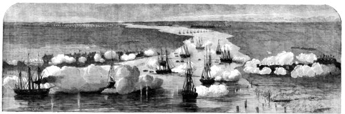 The Attack on the Peiho Forts by the English and French Fleets, 1858. Creator: Harvey Orrin Smith.