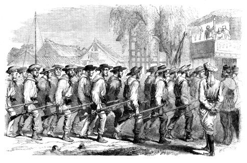 Sketches in China - the "Sanspareil" Naval Brigade landing at Canton, 1858. Creator: Unknown.
