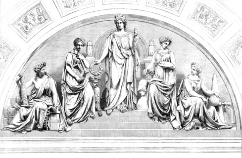 Emblematic Group of Figures, by Mr. John Thomas, over the Principal Entrance of the Leeds..., 1858. Creator: Unknown.