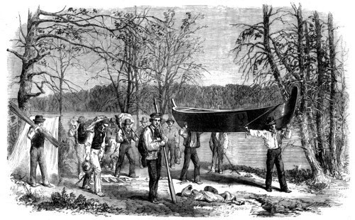 The Assiniboine and Saskatchewan Exploring Expedition - Portaging a Canoe and Baggage, 1858. Creator: Unknown.