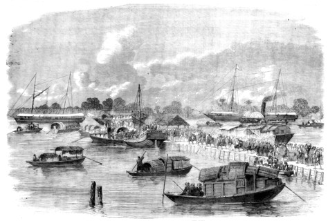 Sick and Wounded embarking at Hong-Kong on board the Steamer "Canton", 1858. Creator: Unknown.