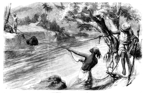 Sketches in India - Slinging Letter-bags across a Nullah in the Rainy Season, 1858. Creator: Unknown.