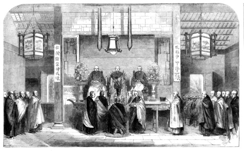 Sketches in China - the Consecration of a Buddhist Abbot at the Temple of Honam, 1858. Creator: Unknown.