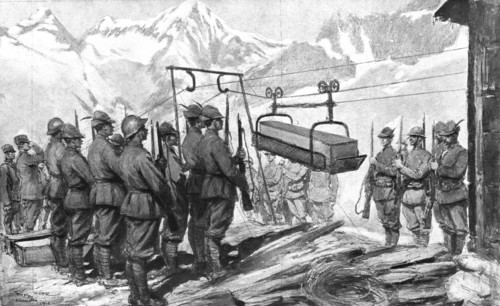 'Par Dela les Alpes; L'hiver sur les pentes de l'Adamello: les honneurs au cercueil d'un..., 1917. Creator: Unknown.