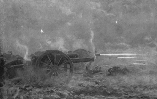 'Sous le Choc; L'artillerie de campagne britannique couvrant la retraite, le 21 mars 1918..., 1918. Creator: J Simont.