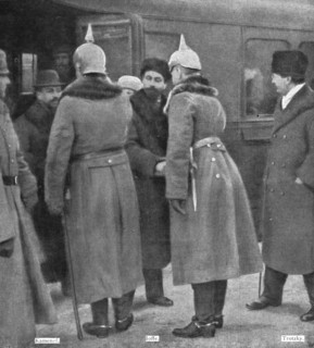 'La paix des Bolcheviks; Trotzky et la delegation russe recus a Brest-Litovsk, le 7 janvier..., 1918 Creator: Unknown.